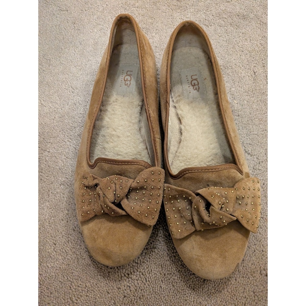 UGG Australia Cammie Chestnut Suede Studded Bow Shearling Flats 1004766 Womens 9